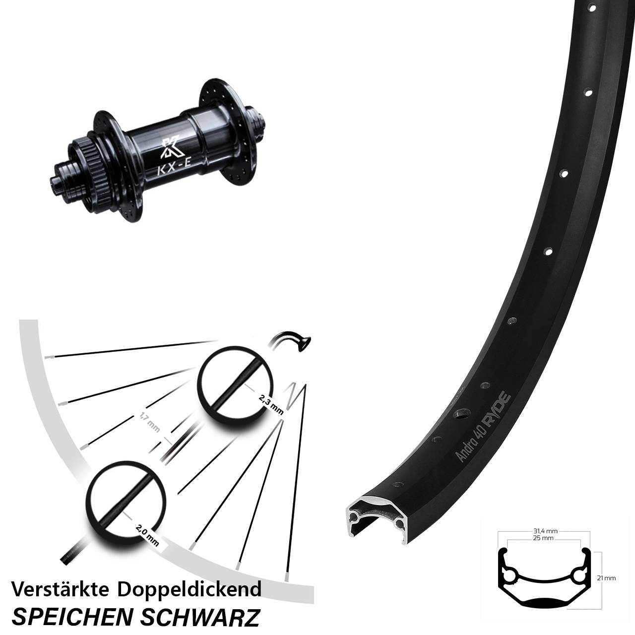 Ryde Andra 40 Disc Vorderrad E-Bike 28-29 Zoll mit KX-E Nabe 5x100 mm Schnellspanner