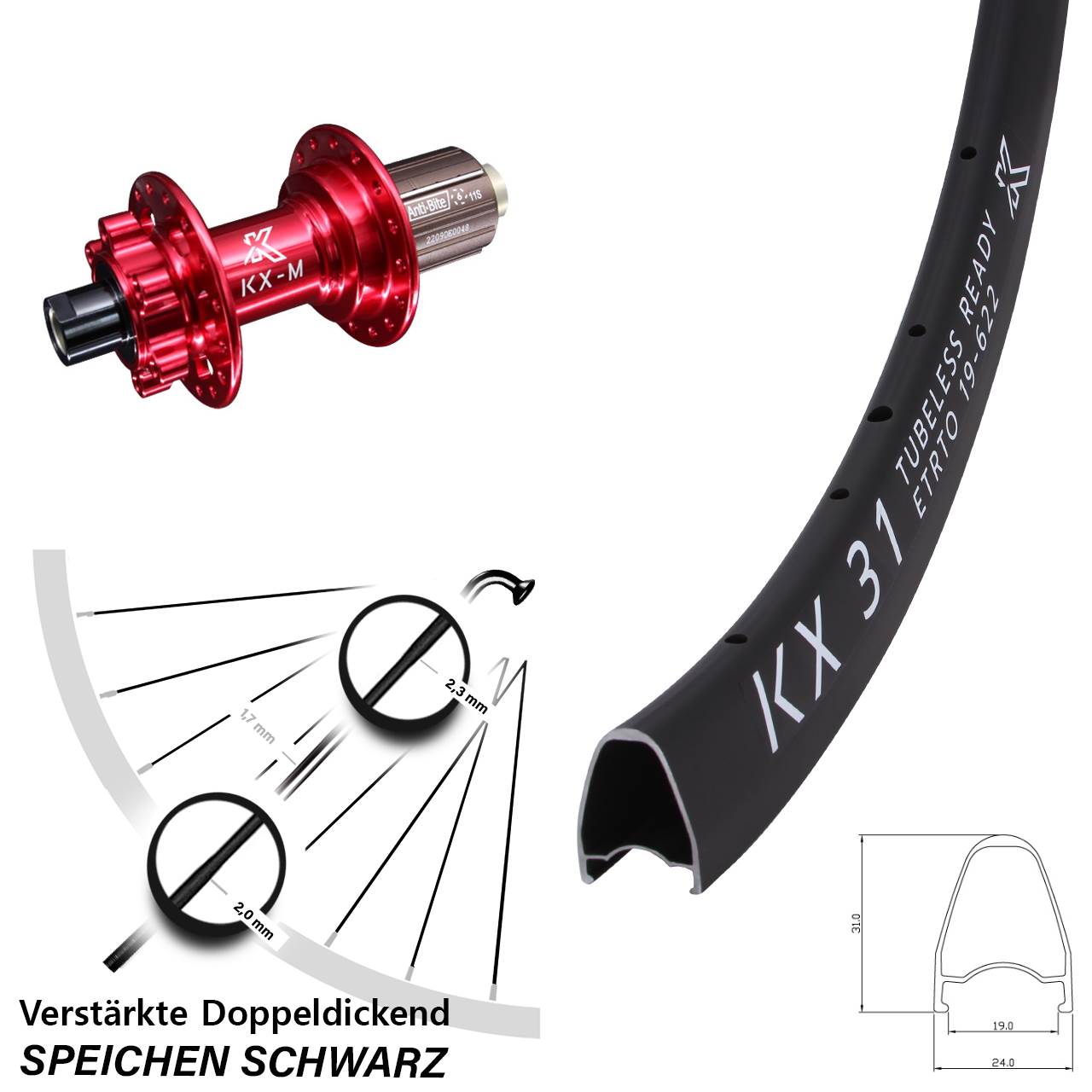 6-Loch Hinterrad 28 Zoll KX-M31 rot 8-12 fach 12x142