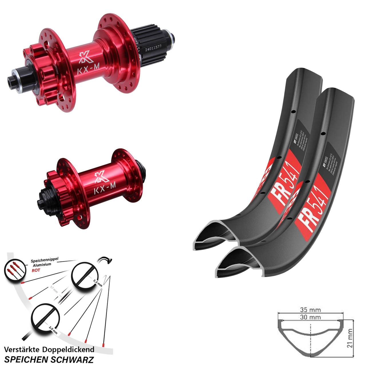 Disc Laufradsatz für Schnellspanner 27,5 Zoll DT Swiss FR 541 KX-M rot Micro Spline