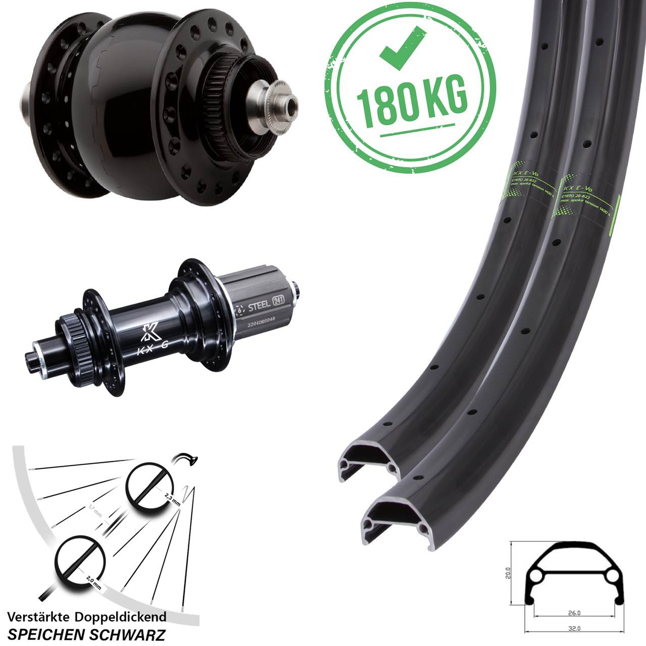 Laufradsatz Centerlock QR 20/26 Zoll KX-GS Evo Heavy Duty SON 28 8-12 fach HG