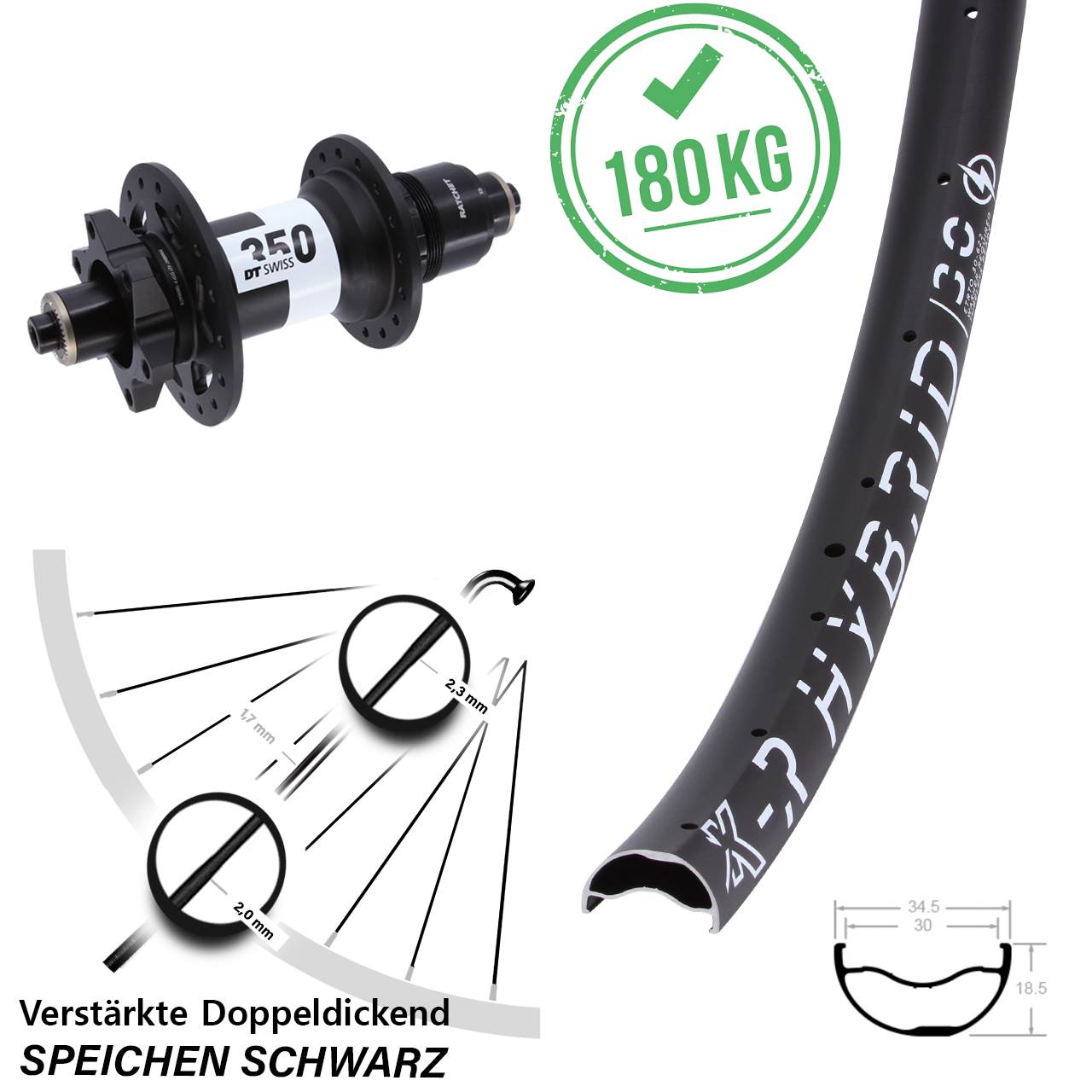 29 Zoll KX-R Hybrid 30 DT Swiss 350 Disc Hinterrad für Schnellspanner XD