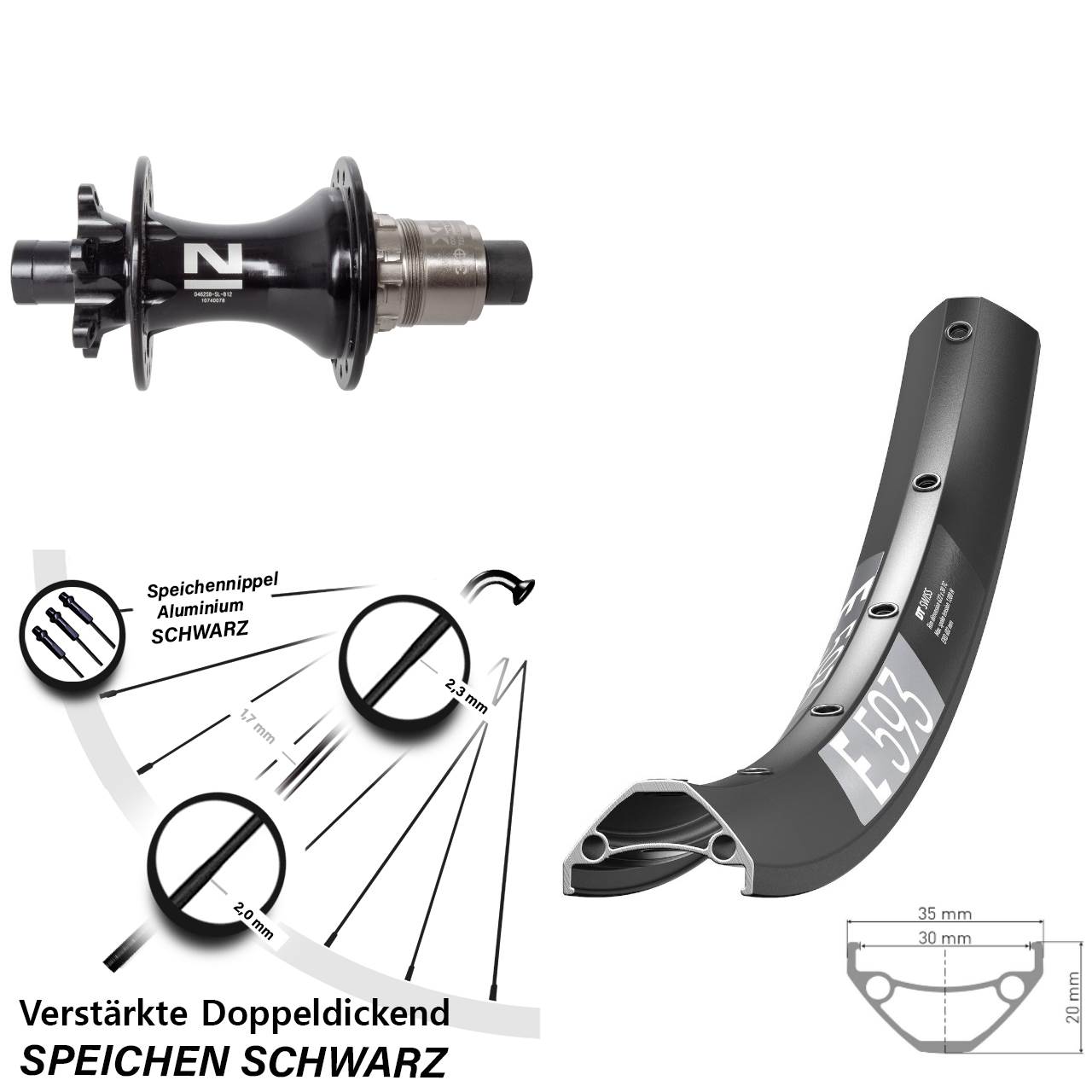 27,5 Zoll DT Swiss E593 Novatec D462 6-Loch Hinterrad 12x148 SRAM XD