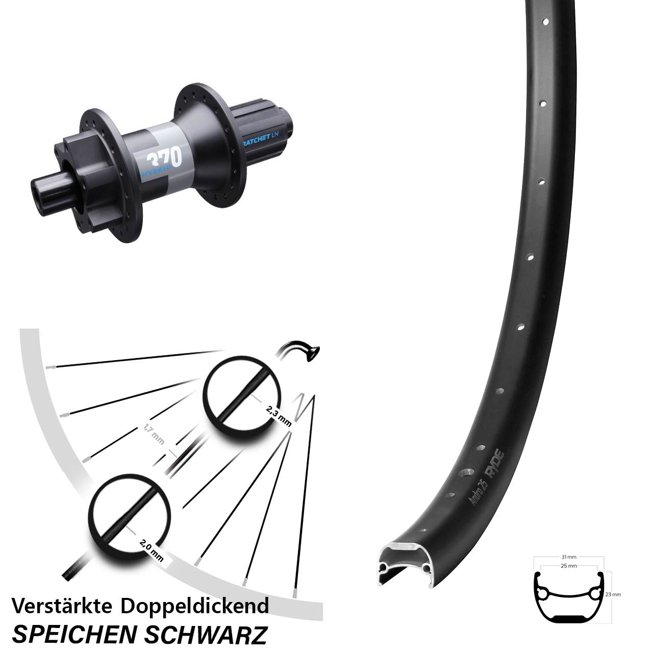 Disc Laufrad 12x148 28 Zoll Ryde Andra 25 DT Swiss 370 Hybrid 8-11 fach
