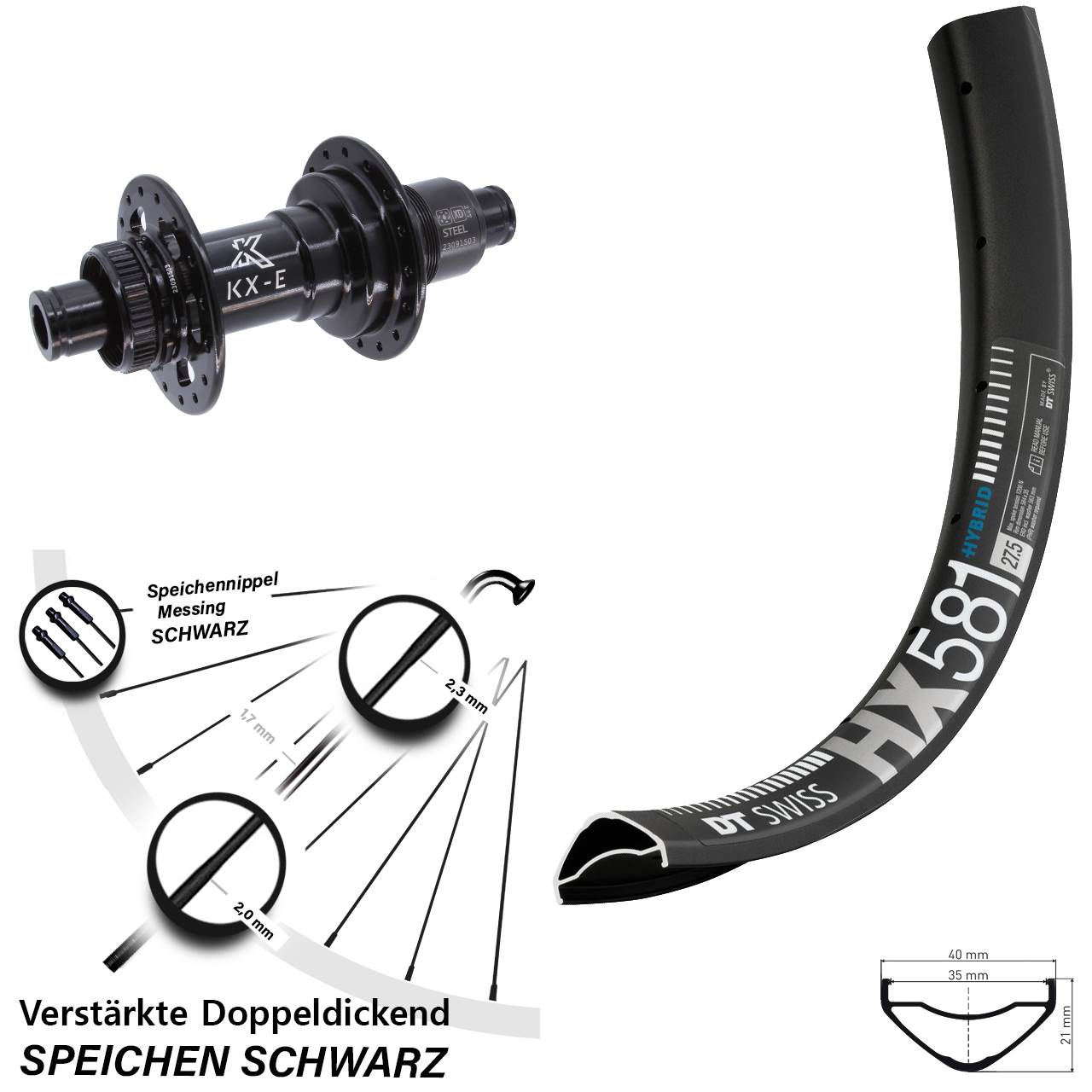 27,5 Zoll DT Swiss HX581 KX-E Heavy Duty Centerlock Hinterrad 12x148 SRAM XD
