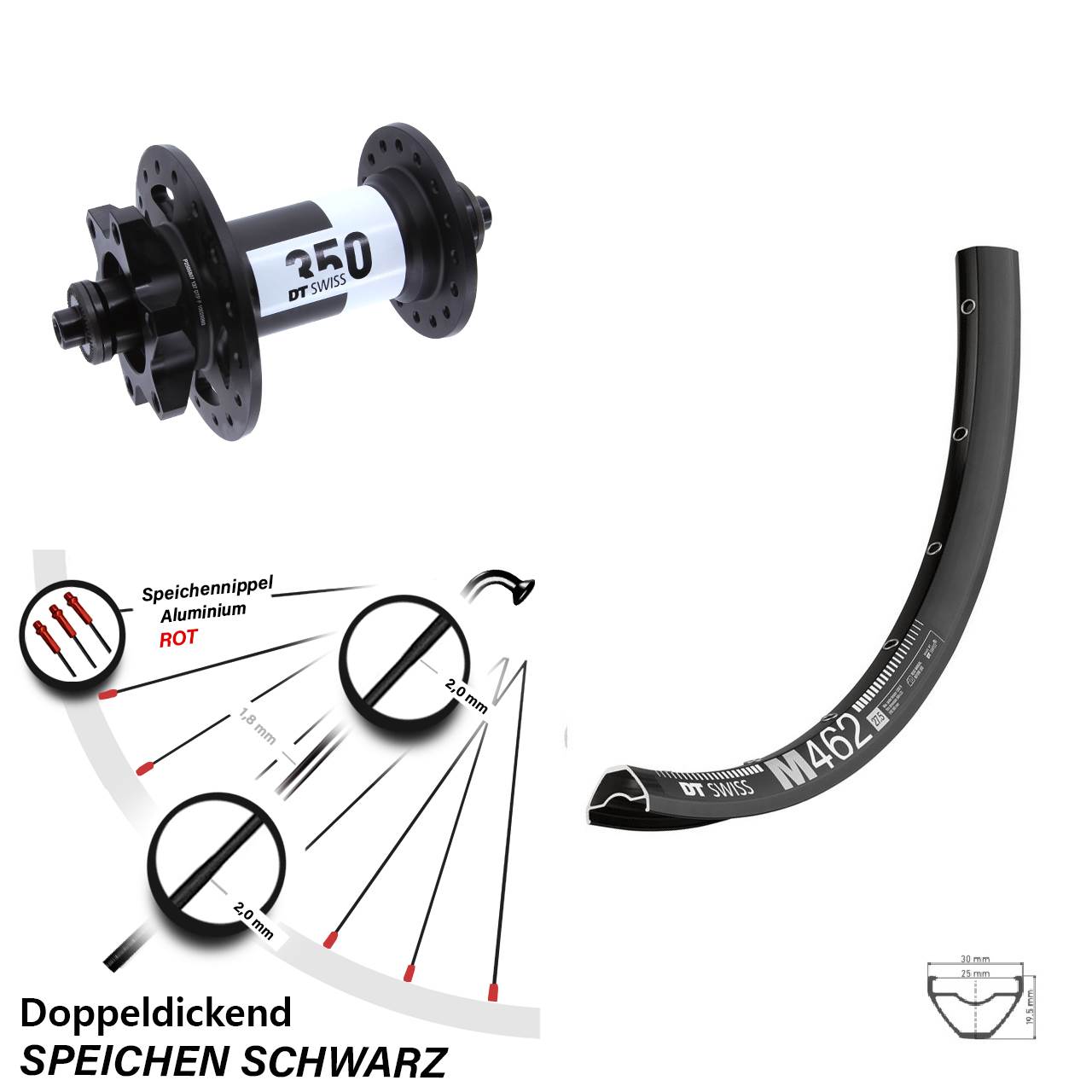 DT Swiss M 462-350 27,5 Zoll Vorderrad 6-Loch für Schnellspanner