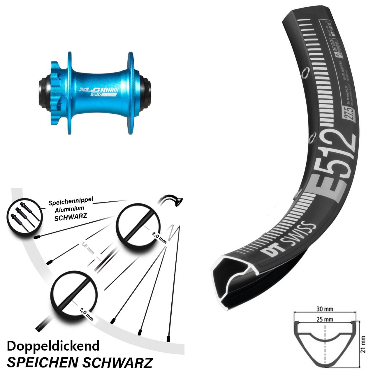 DT Swiss E512 XLC Evo blau 27,5 Zoll Vorderrad 6-Loch 15x100