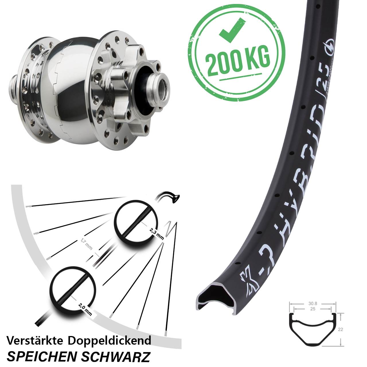 Dynamo Vorderrad 29 Zoll KX-R Hybrid 25 SON 28-12x100 Disc silbern poliert