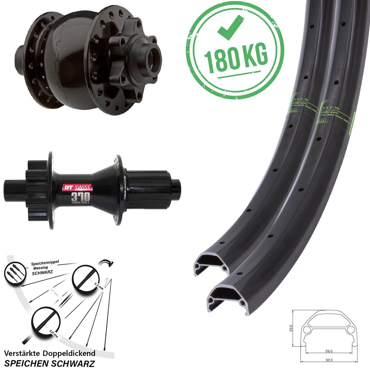Disc Laufradsatz SON 28 15x100 12x142 28 Zoll KX Evo DT Swiss 370 Hybrid SON 8-11 fach