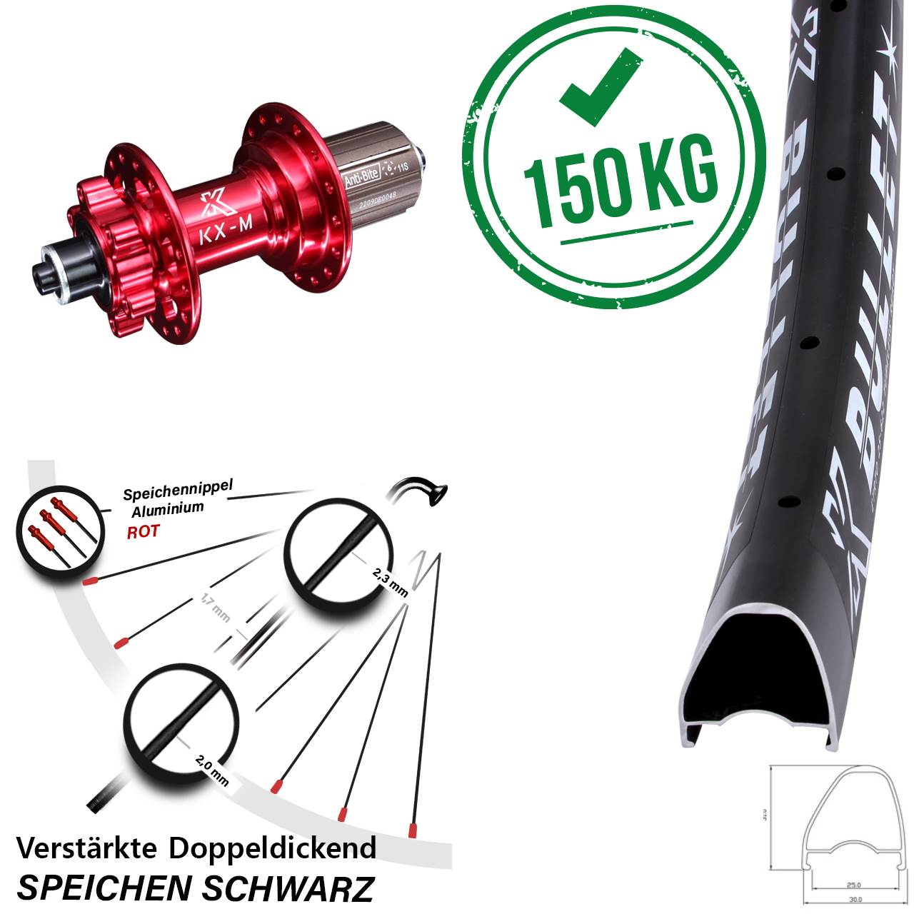 Disc Hinterrad 28-29 Zoll KX-M Bullet OS rot 8-12 fach QR