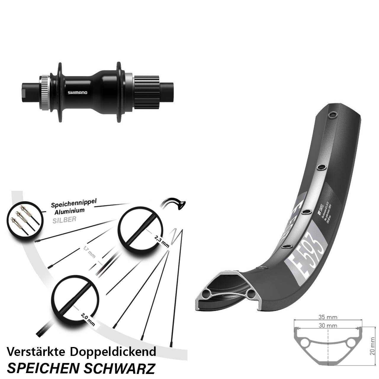29 Zoll DT Swiss E 593 Shimano FH-TC500-B Boost Disc Laufrad 12x148 Micro Spline