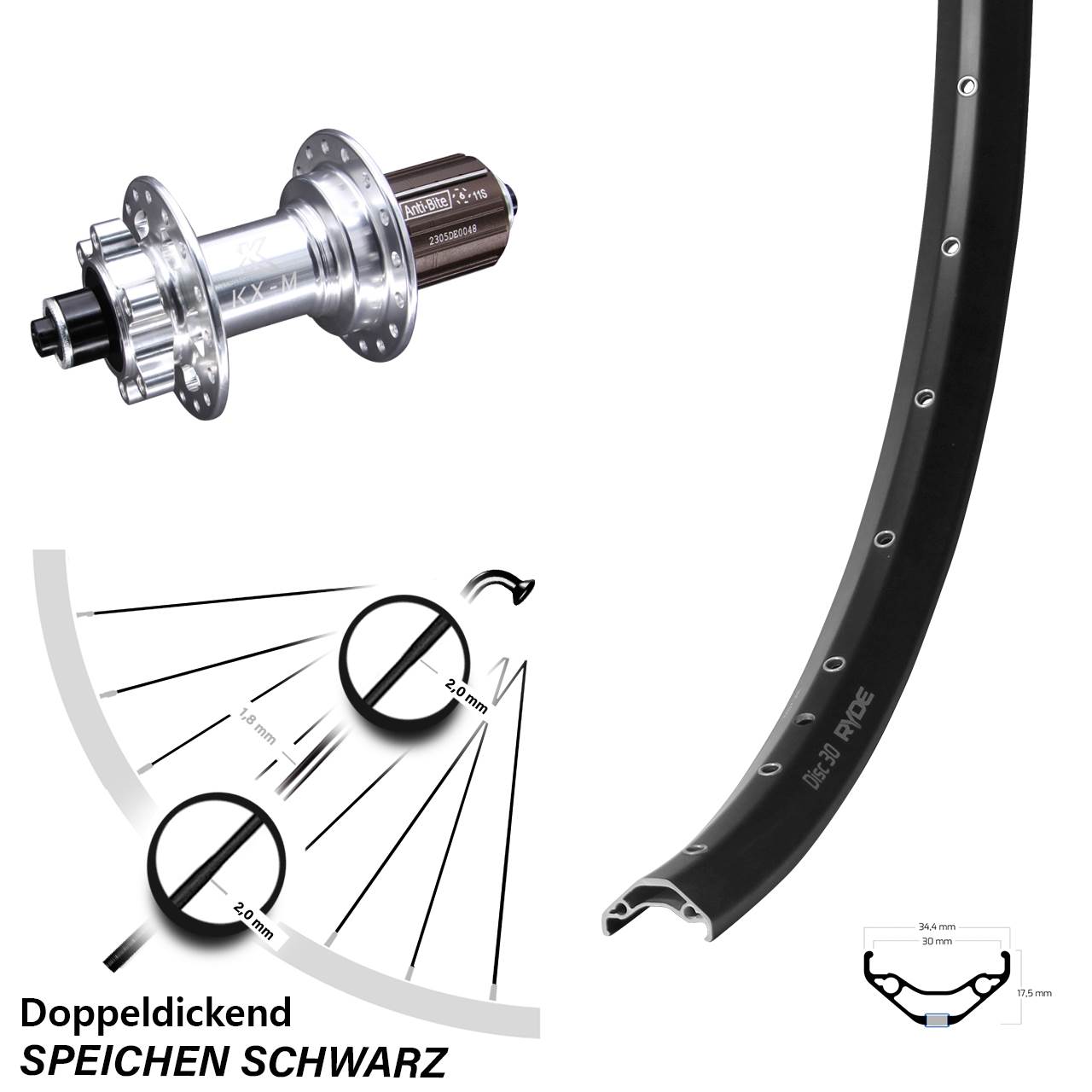 Laufrad 27,5 Zoll Ryde Disc 30 KX-M 6-Loch 5/135 8-12 fach HG