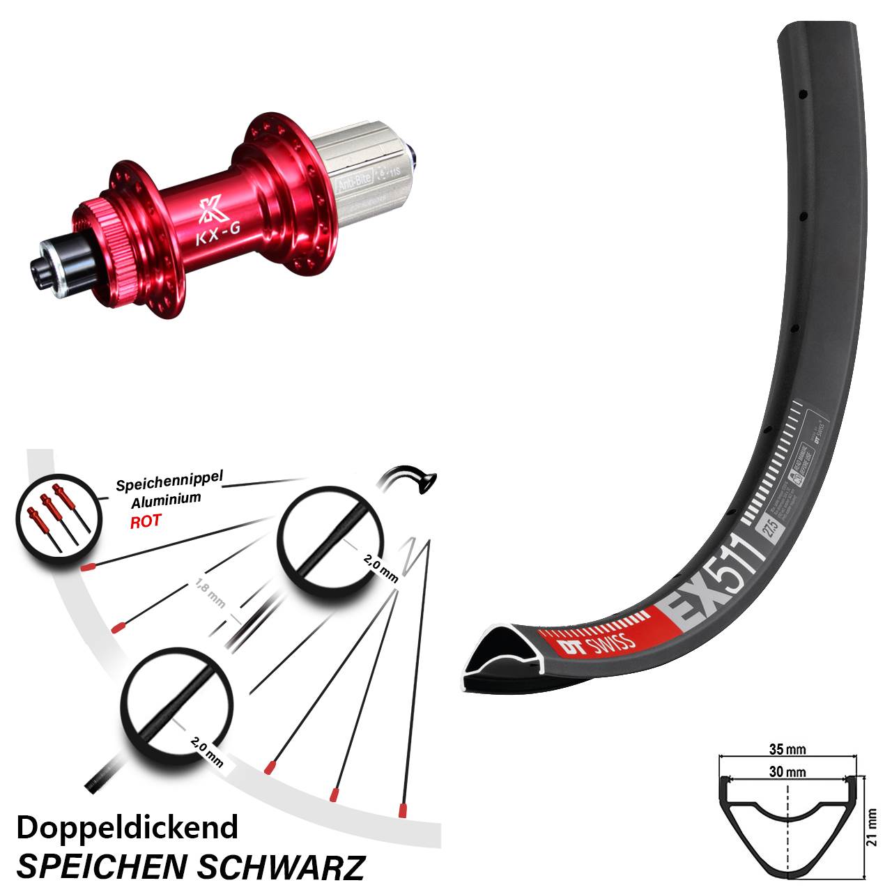DT Swiss EX 511 Hinterrad 27,5+ Zoll KX-G Schnellspanner 8-12 fach Nabe rot-eloxiert