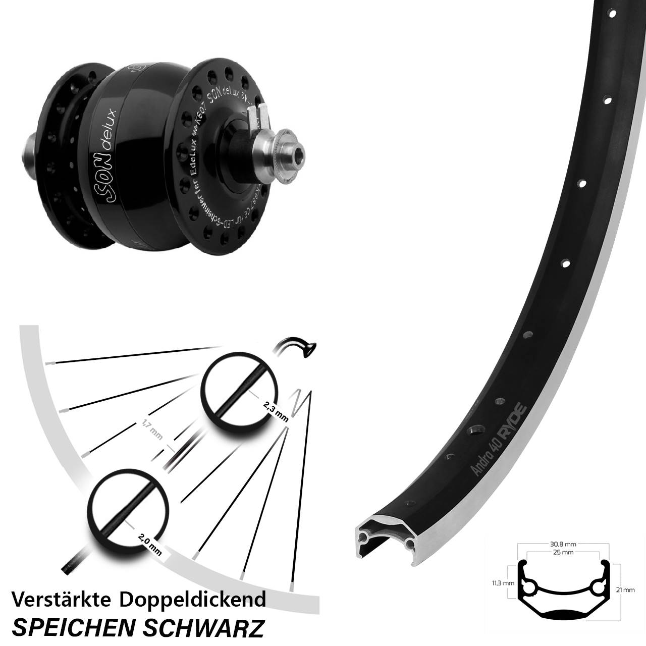 28 Zoll Ryde Andra 40 SON delux Vorderrad mit Nabendynamo für Schnellspanner