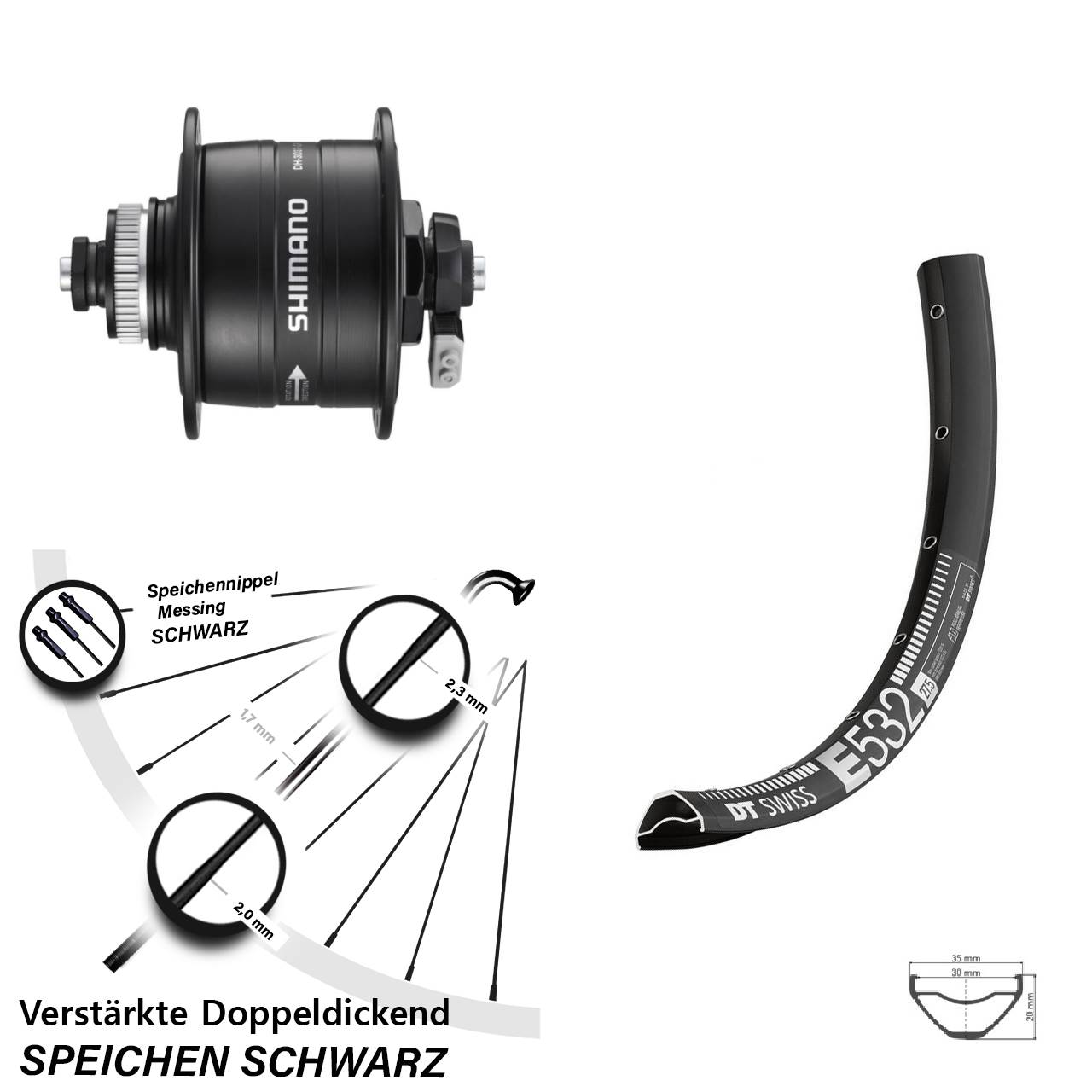 27,5 Zoll DT Swiss E 532 Shimano DH-3D37 Dynamo-Vorderrad Centerlock QR