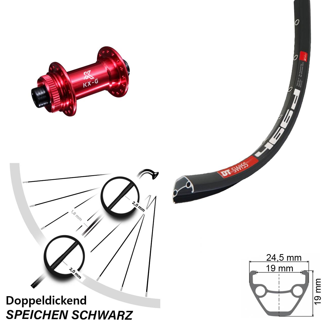 28 Zoll DT Swiss 466d KX-G rot Centerlock Vorderrad 15x100