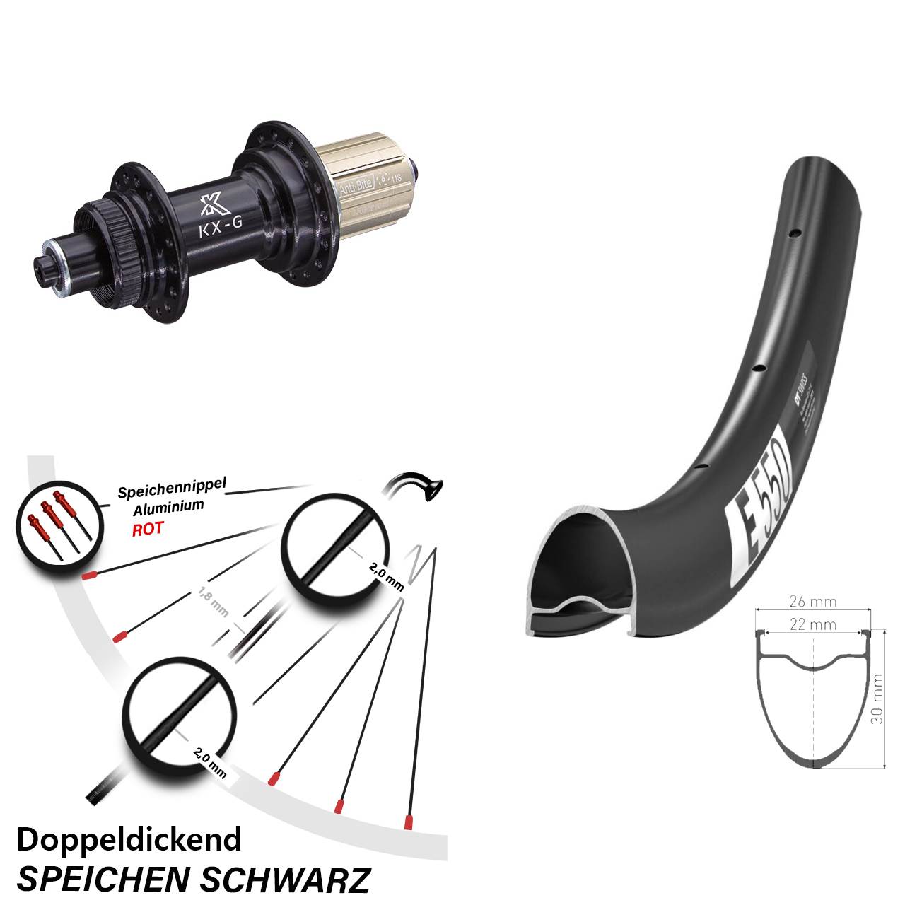 28 Zoll DT Swiss E550 Hinterrad KX-G 8-12 fach