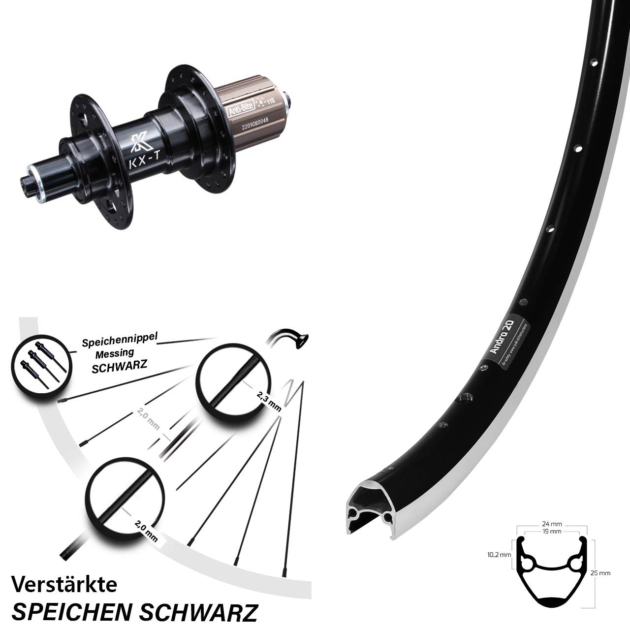 28 Zoll Hinterrad Ryde Andra 20 Felgenbremse 8-11 fach KX-T Nabe verstärkt 135 mm schwarz