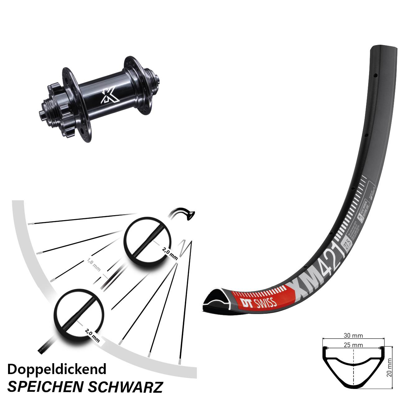 KX-M Nabe 5x100 mm DT Swiss XM 421 Vorderrad 27,5 Zoll 6-Loch Cross Country MTB