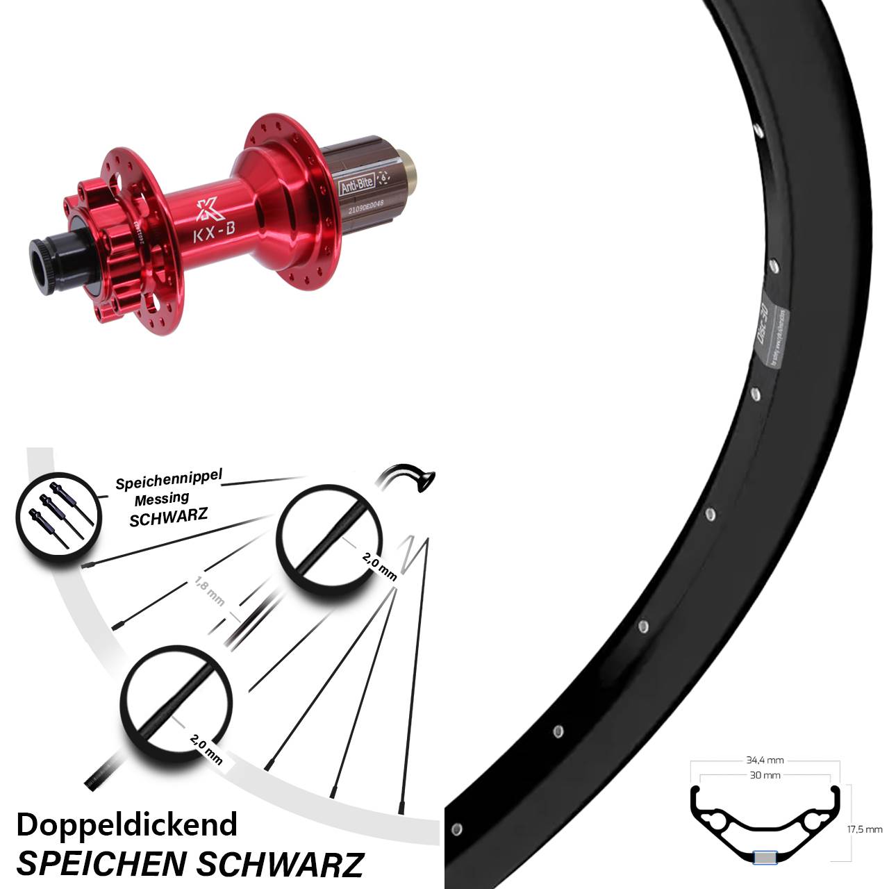 Ryde Disc 30 27,5 Zoll Hinterrad KX-B rot 6-Loch 12x148