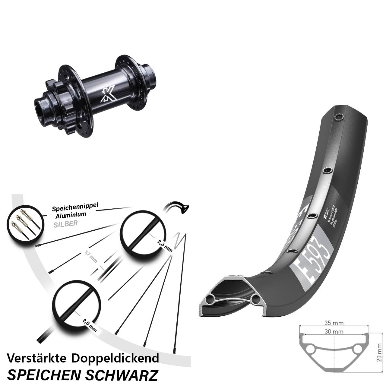 6-Loch Vorderrad 27,5 Zoll DT Swiss E593 KX-M Steckachse 20x110 non Boost