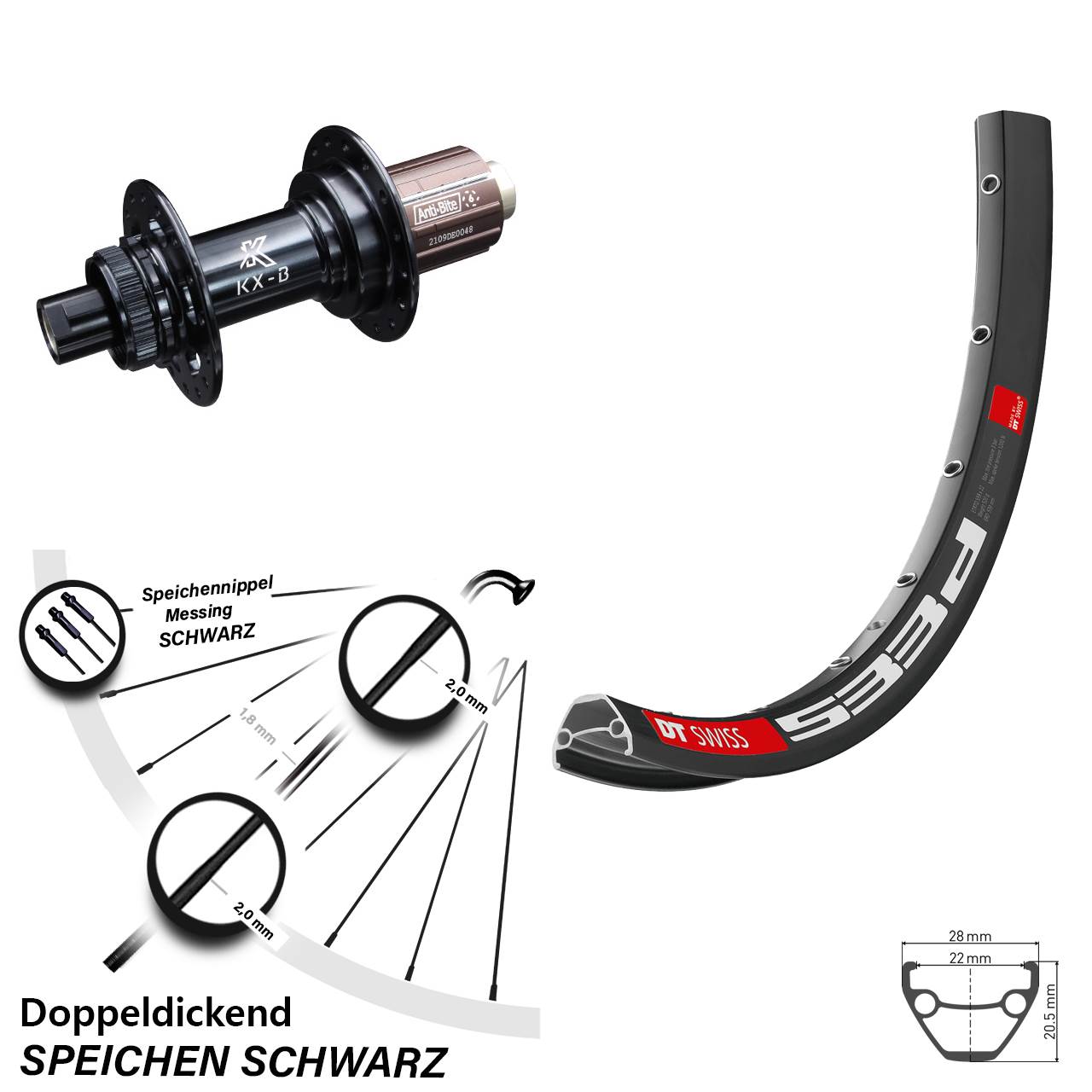 Laufrad 28 Zoll DT Swiss 533D Disc KX-B Centerlock 12x148 8-12 fach HG schwarz