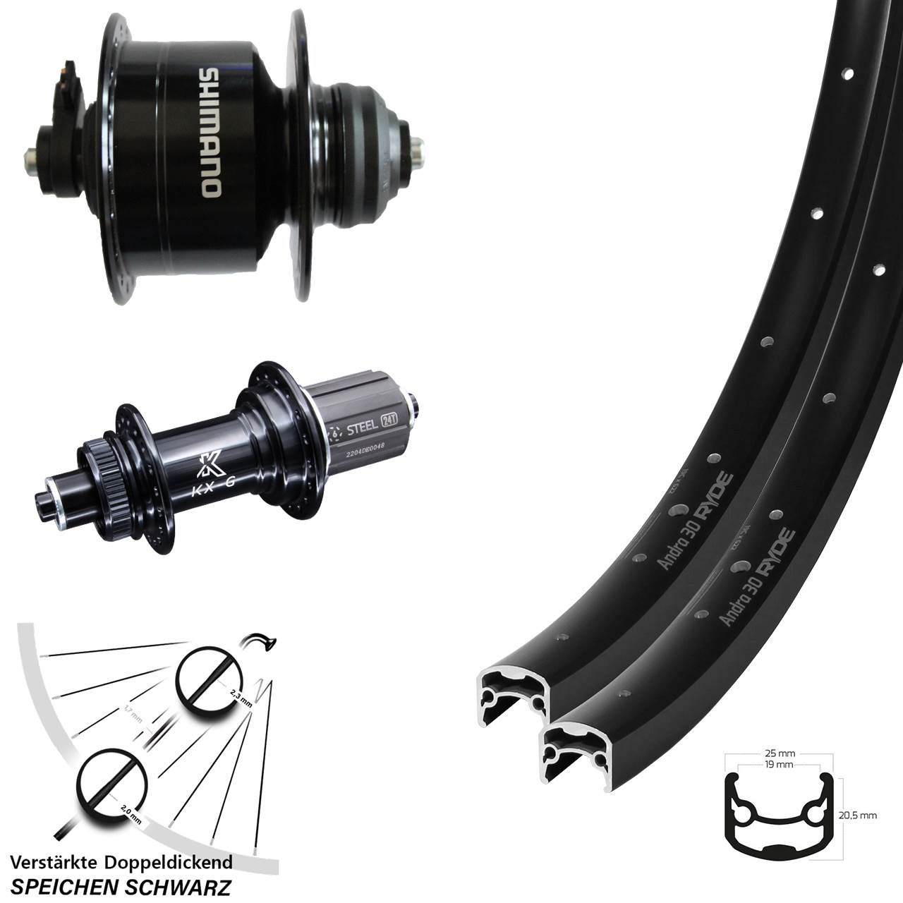 28-29 Zoll Ryde Andra 30 Disc KX-GS Heavy Duty Shimano DH-3D72 Laufradsatz QR 8-12 fach