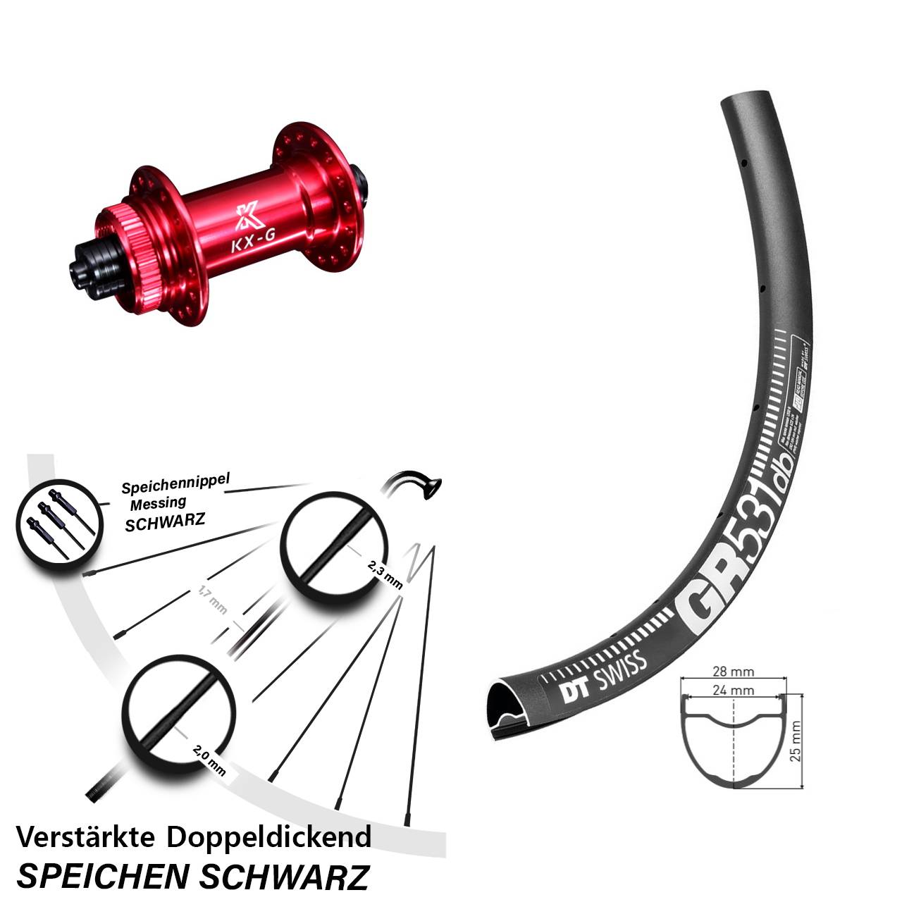 Vorderrad Gravel 28 Zoll DT Swiss GR 531 DB Nabe rot-eloxiert KX-G 5x100 mm Sapim E-Light