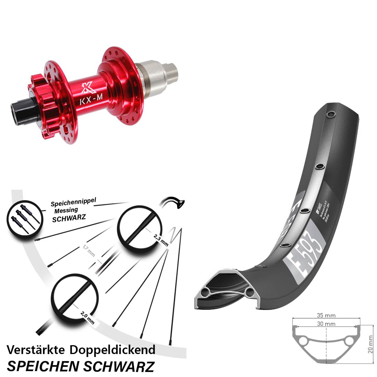 29 Zoll DT Swiss E 593 KX-M rot Hinterrad 6-Loch 12x142 XD 11-12 fach