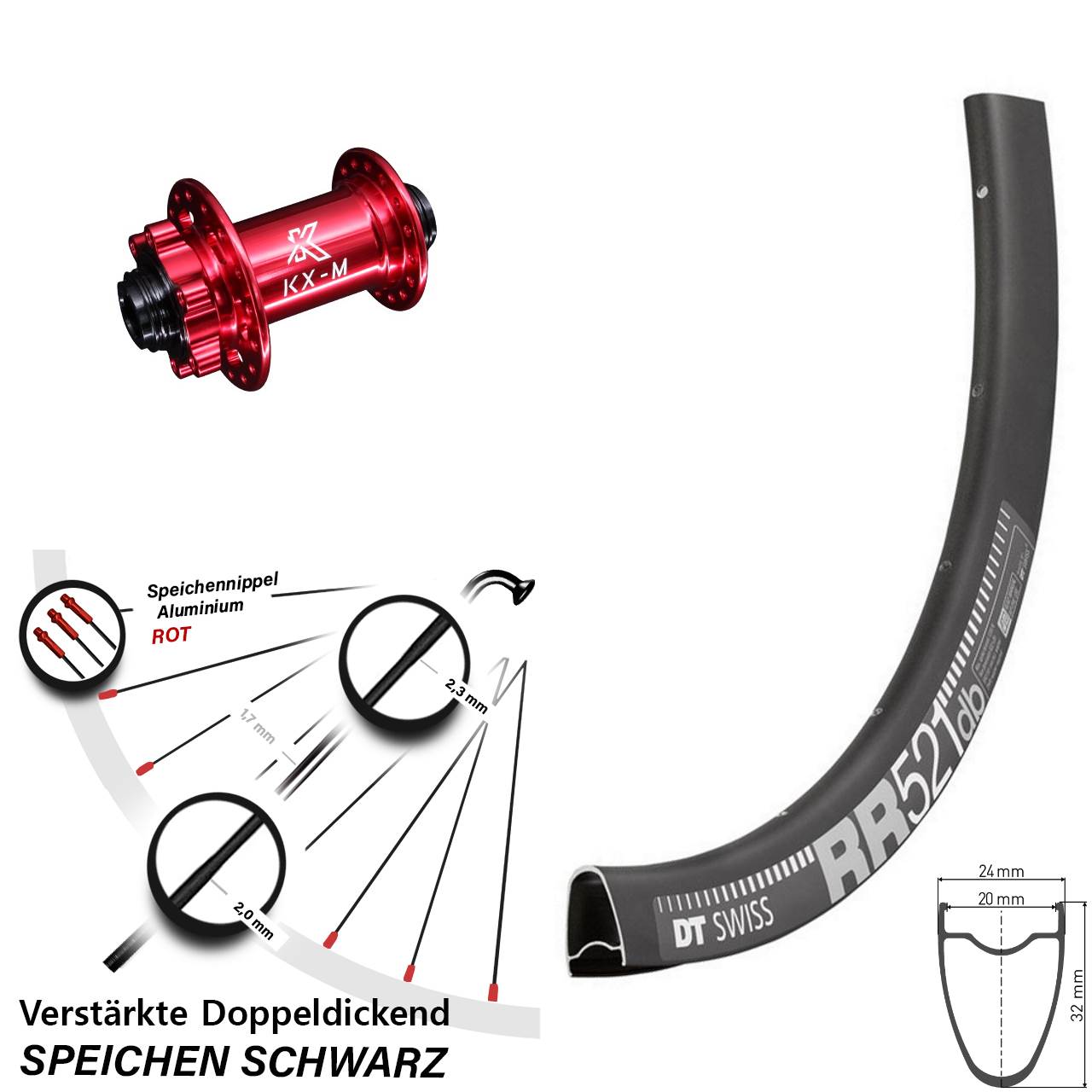 Disc Vorderrad 28 Zoll DT Swiss RR521 KX-M rot 12x100