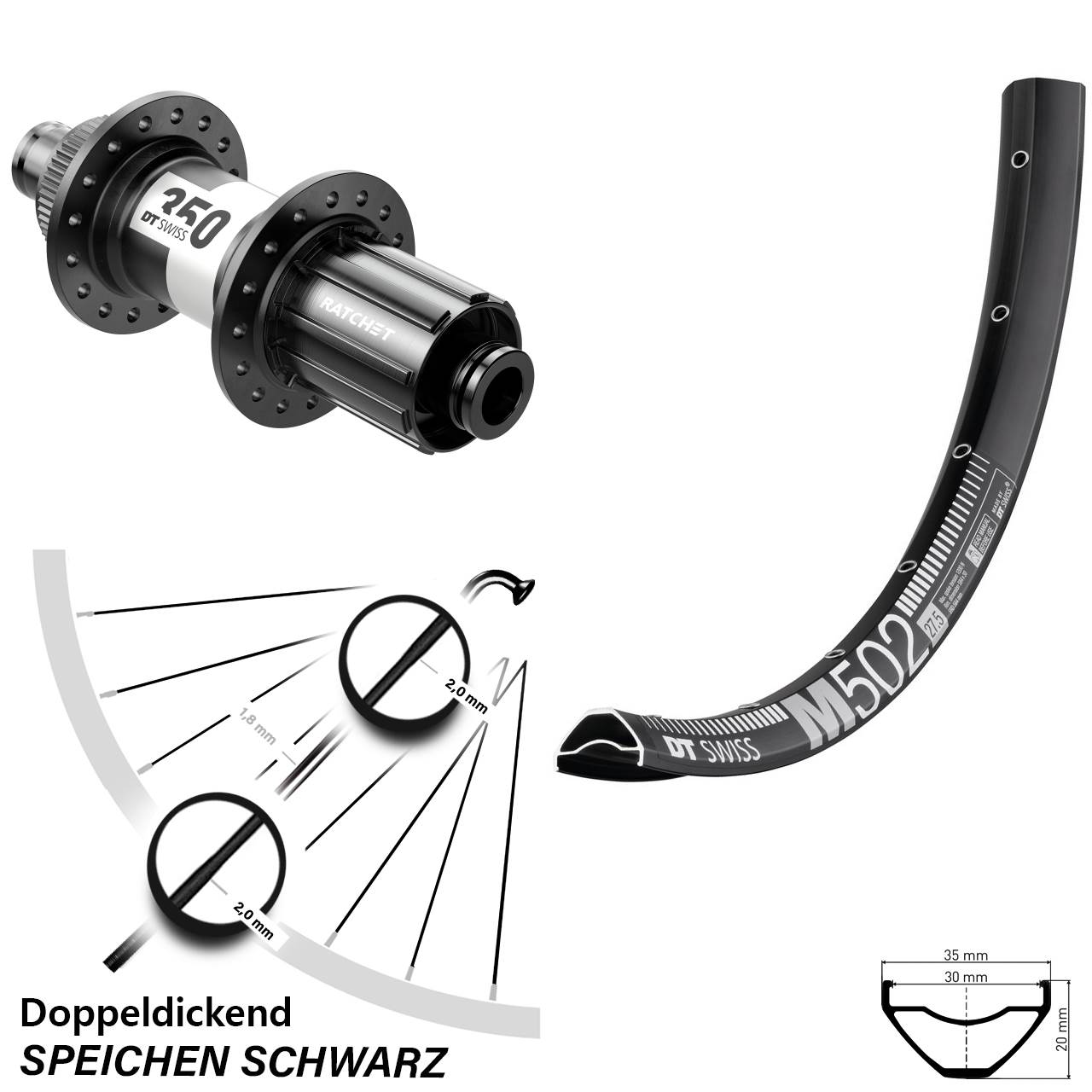 schwarzes 29 Zoll Hinteres Rad M 502 DT Swiss 350 Centerlock Steckachse 12x142 mm 11-fach