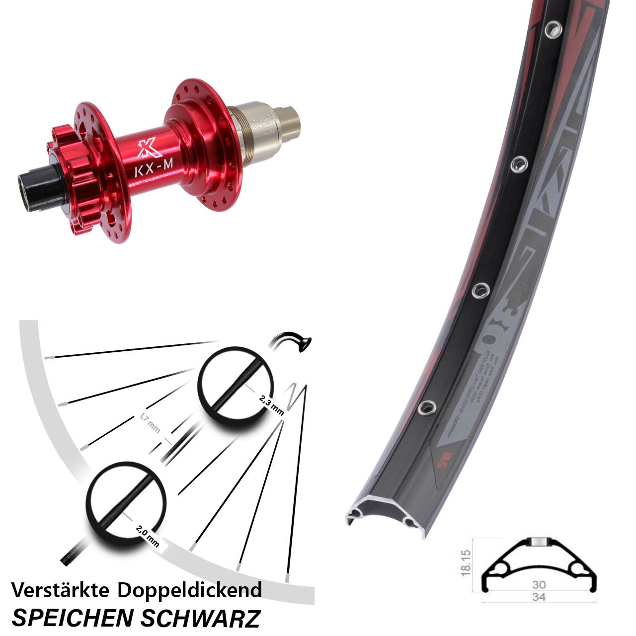 Hinterrad 6-Loch 29 Zoll Rodi TRYP 30 KX-M rot SRAM XD 12x142