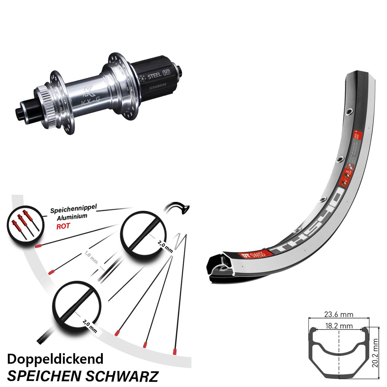 28 Zoll Hinterrad DT Swiss TK 540 Felgenbremse mit KX-GS silbern eloxiert Nabe 8-12 fach