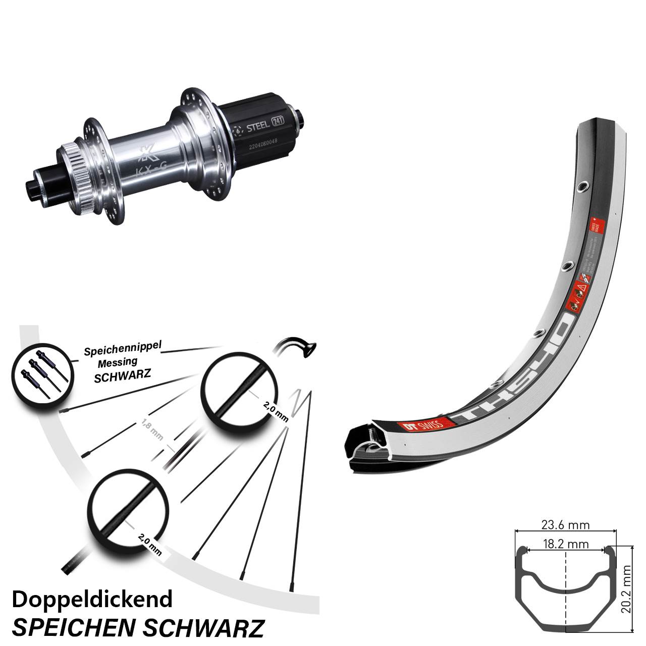 28 Zoll Hinterrad DT Swiss TK 540 Felgenbremse mit KX-GS silbern eloxiert Nabe 8-12 fach