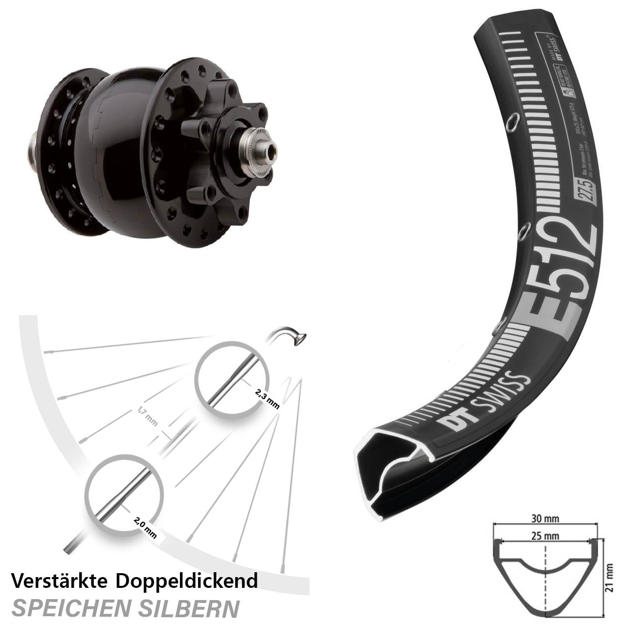 SON 28 DT Swiss E512 27,5 Zoll Disc Vorderrad mit Nabendynamo für Schnellspanner
