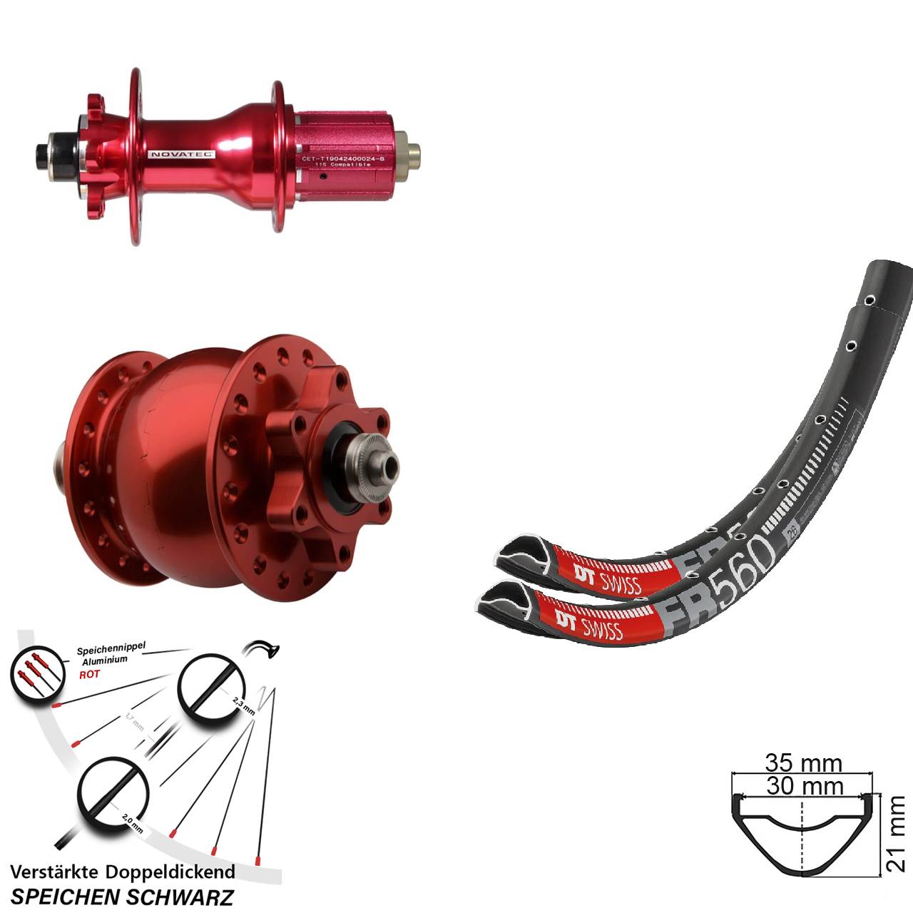 26 Zoll DT Swiss FR 560 Novatec D792 SON 28 rot Laufradsatz 6-Loch QR 8-12 fach HG