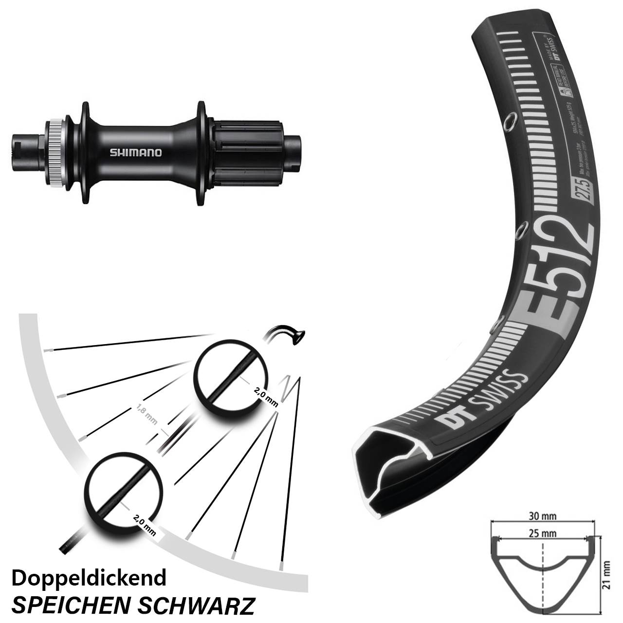 Disc Hinterrad 27,5 Zoll DT Swiss E 512 Shimano FH-MT400 8-11 fach 12x142