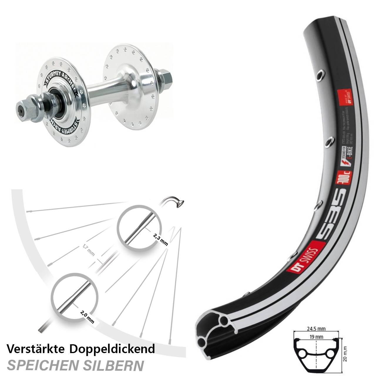 28 Zoll DT Swiss 535 Sturmey Archer HBT30 Vorderrad Vollachse