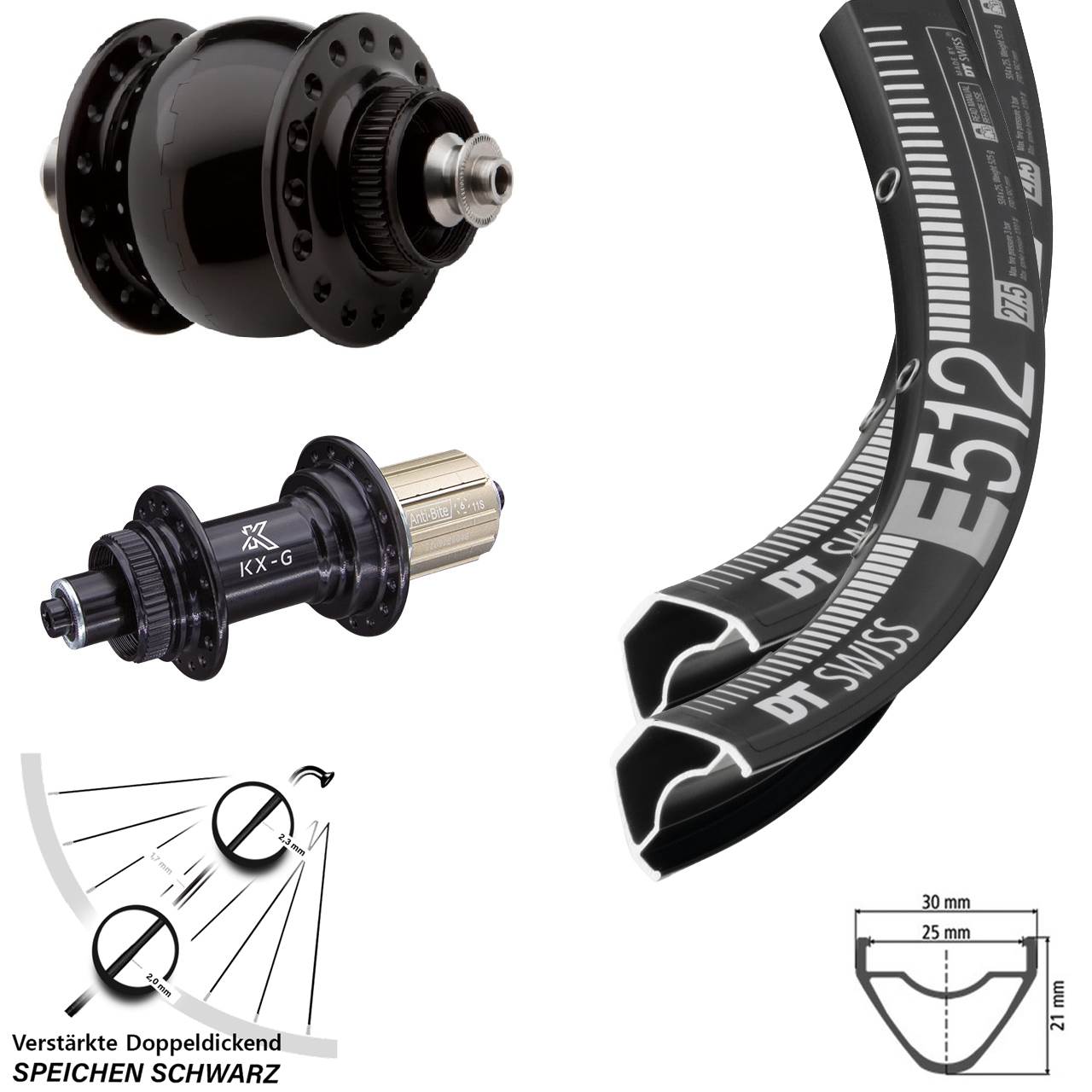 DT Swiss E 512 KX-G SON delux 27,5 Zoll Disc Laufrad-Satz QR 8-12 fach HG