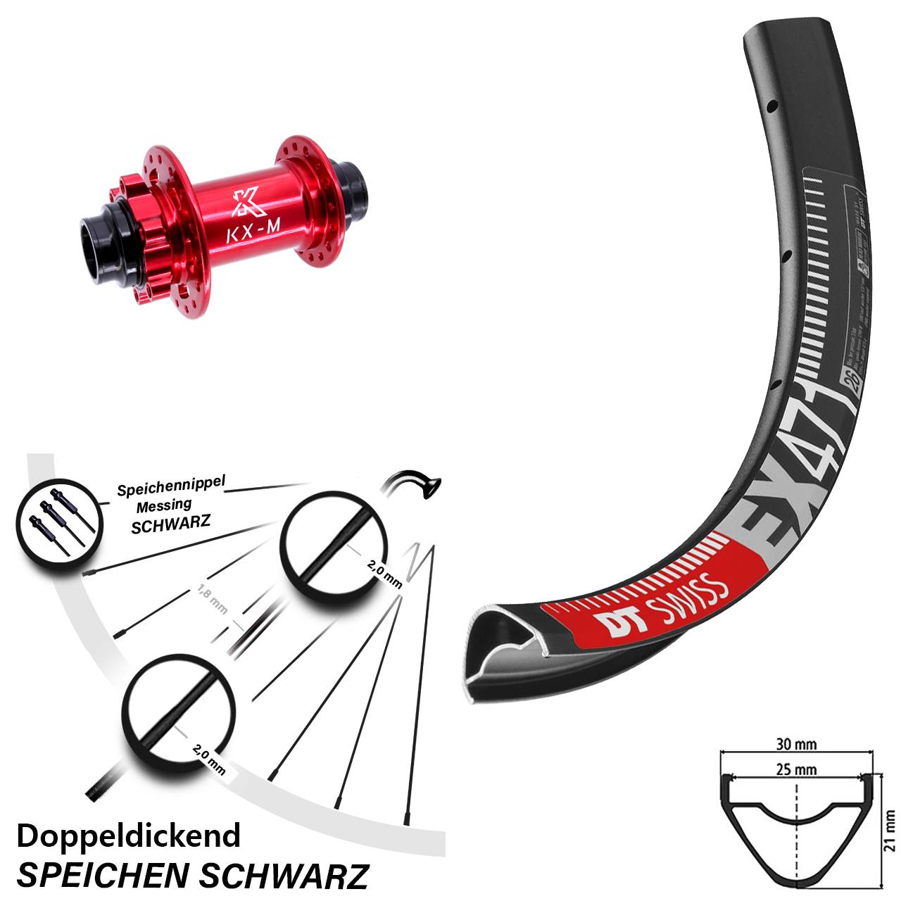 26 Zoll DT Swiss EX 471 KX-M rot Vorderrad 6-Loch 20x110 non Boost