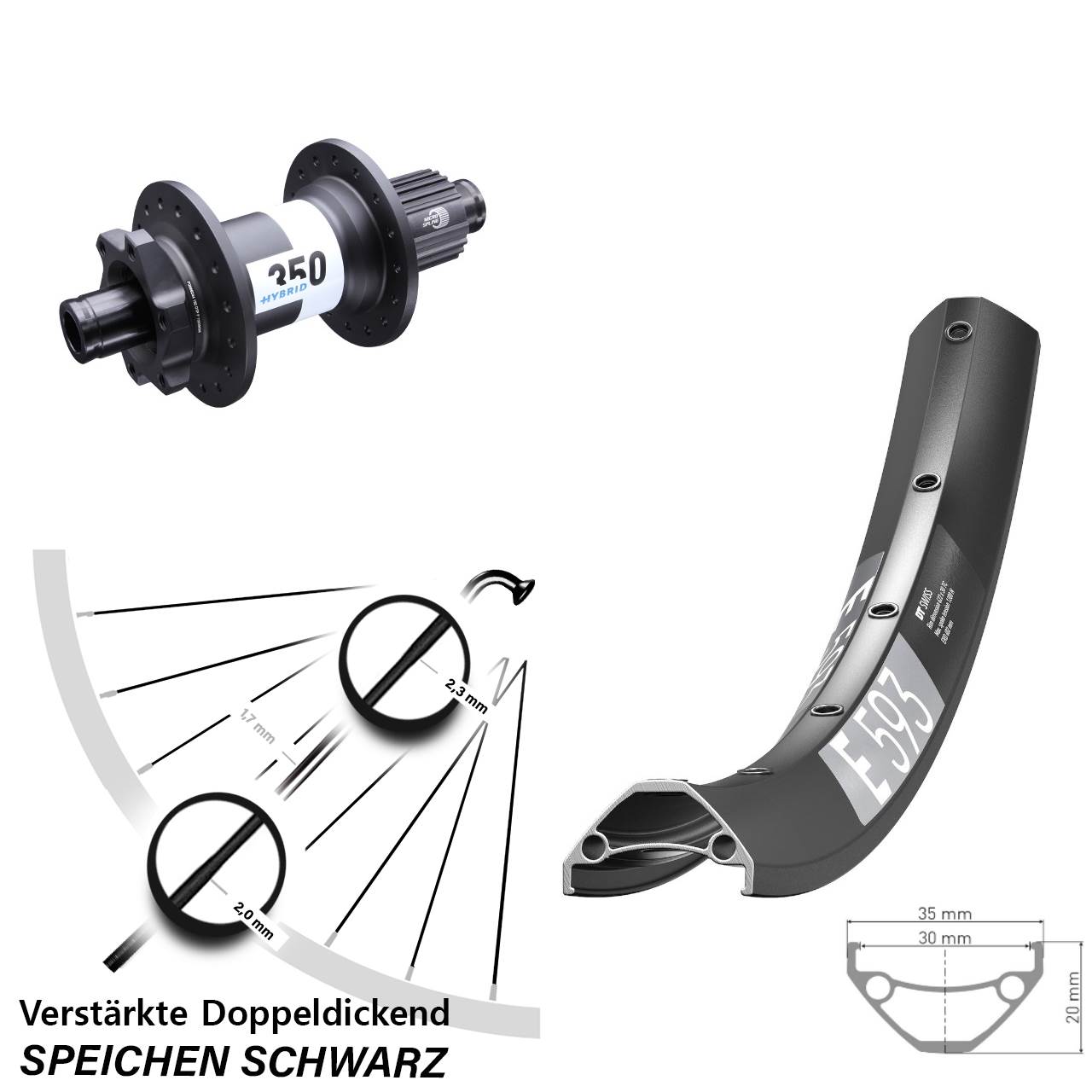 27,5 Zoll DT Swiss E593-350 Hybrid Disc Laufrad 12x148 Micro Spline