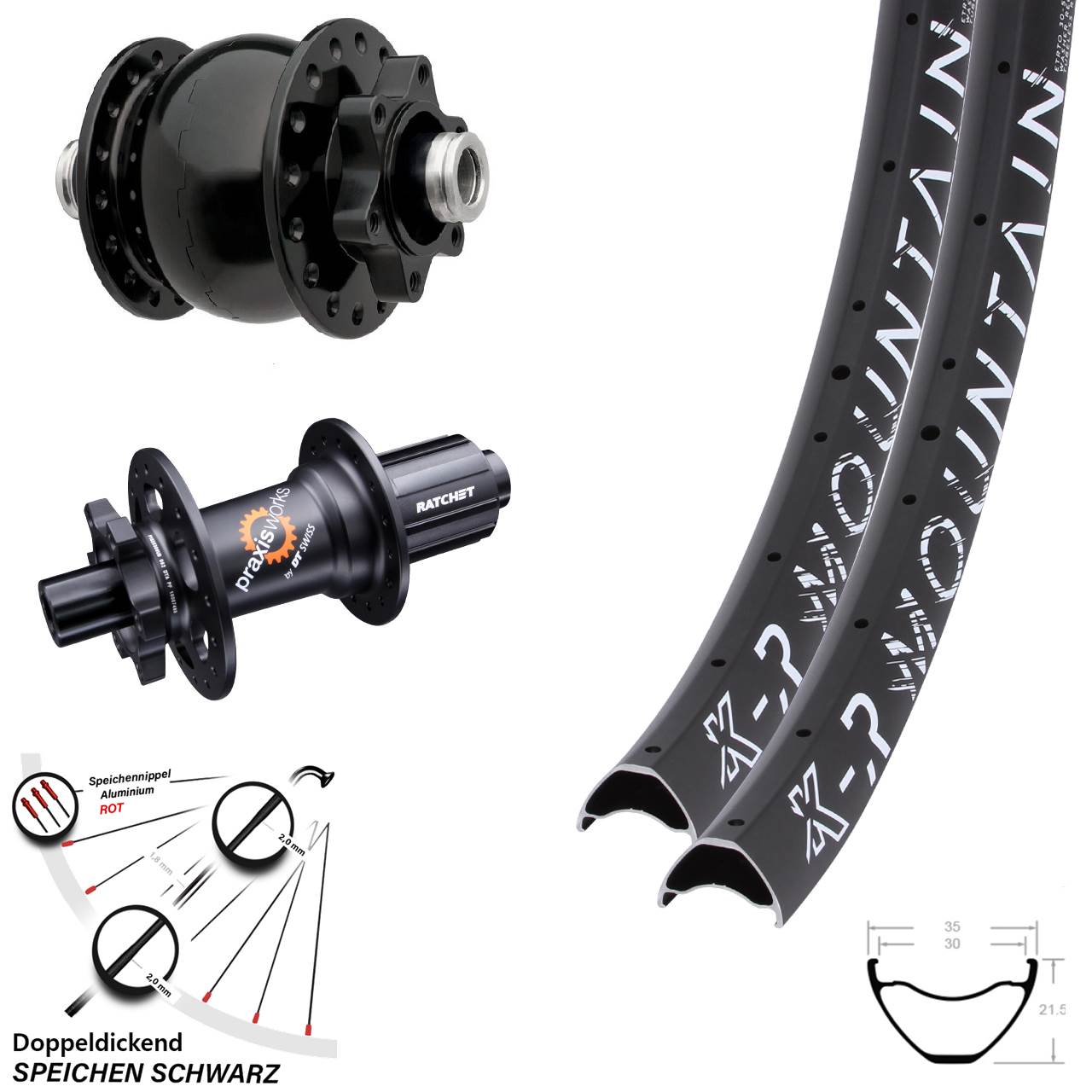 Laufradsatz 29 Zoll KX-R Mountain 12x100/142 schwarz DT Swiss 350 SL SON 28 Dynamo HG Disc