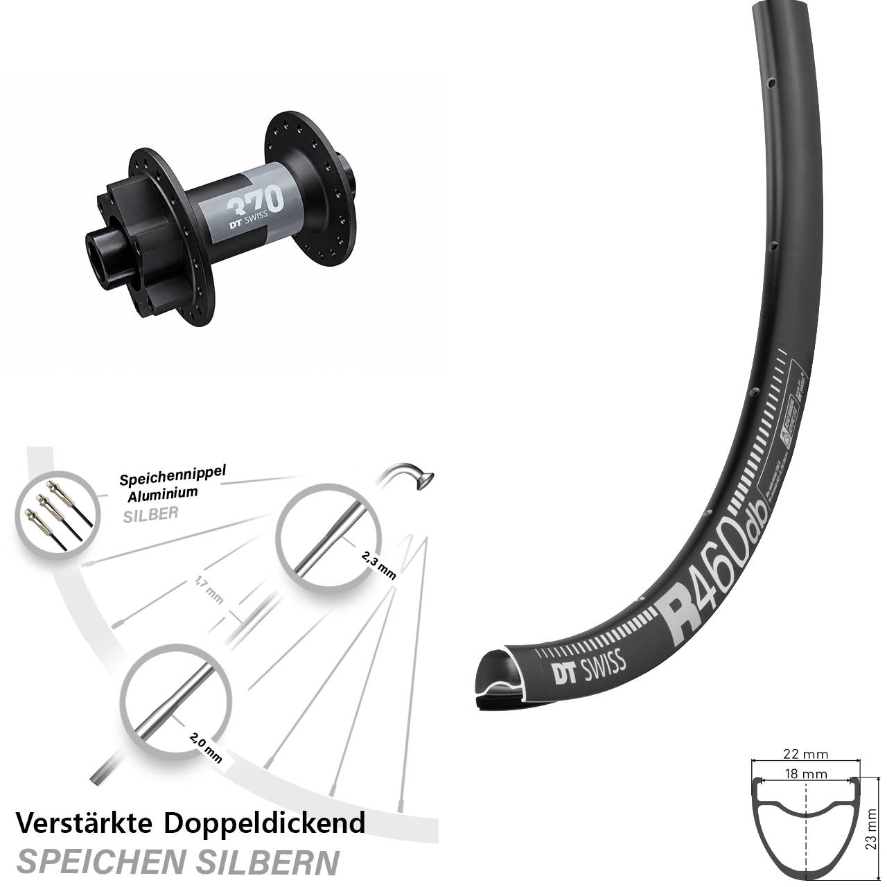 DT Swiss R 460 Disc-370 28 Zoll 6-Loch Vorderrad 12x100
