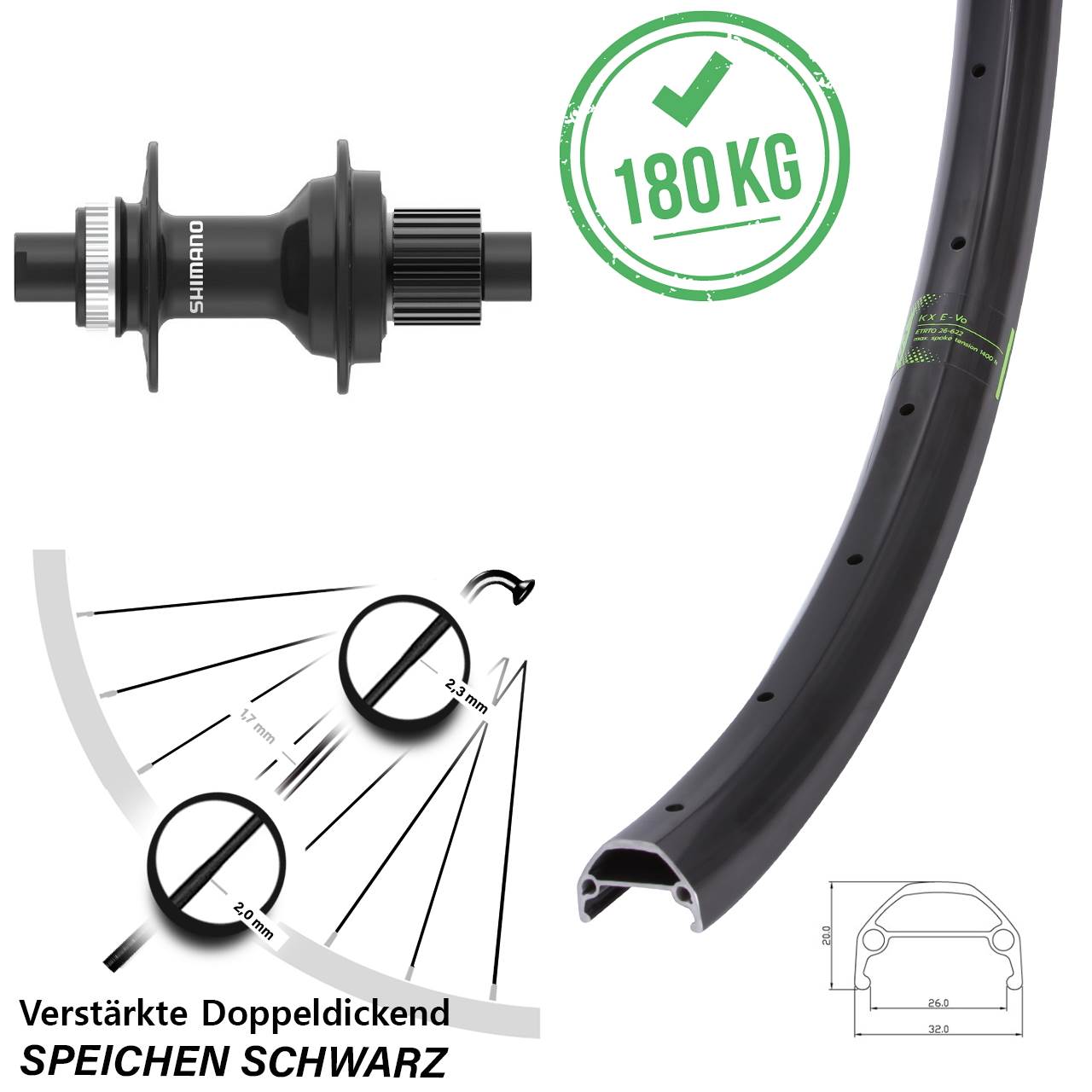 26 Zoll KX Evo Shimano FH-MT410 Hinterrad Centerlock 12x142 Micro Spline