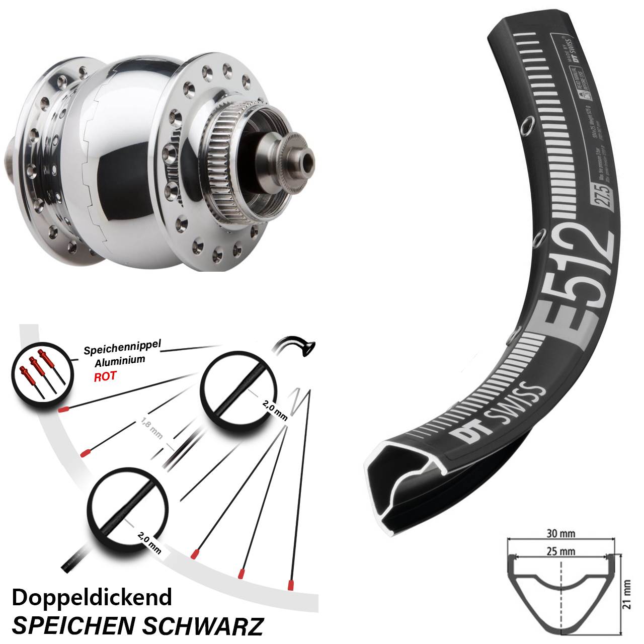 27,5 Zoll DT Swiss E512 SON 28 poliert Disc Nabendynamolaufrad QR