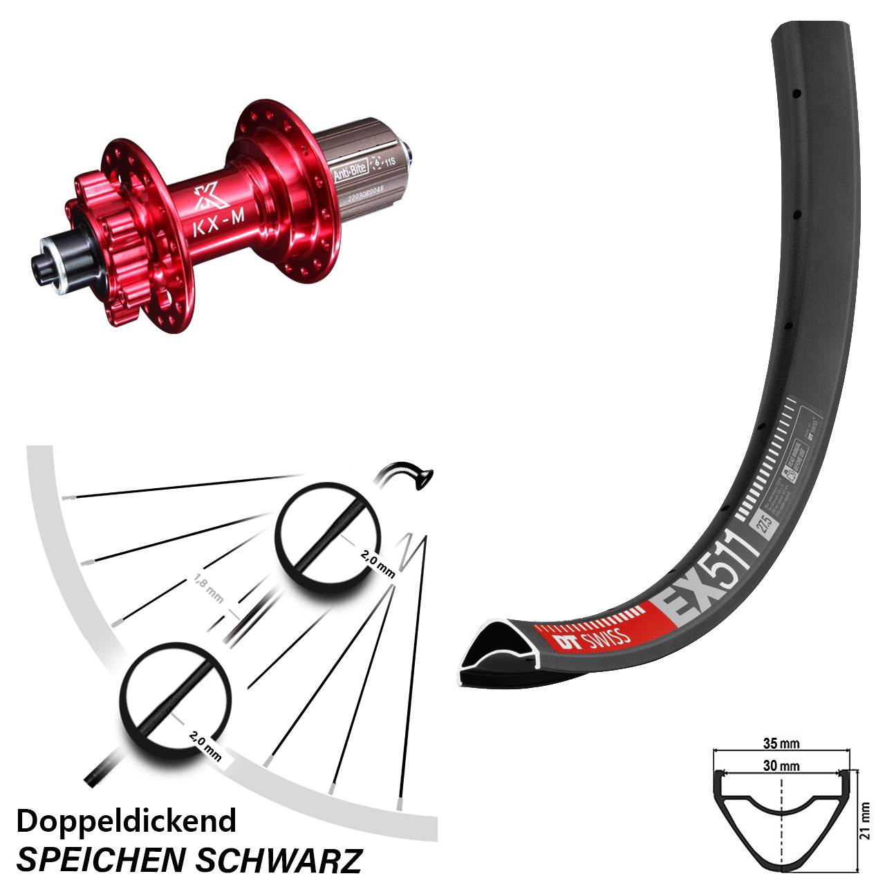 Hinterrad 6-Loch QR 27,5 Zoll DT Swiss EX511 KX-M rot 8-12 fach HG