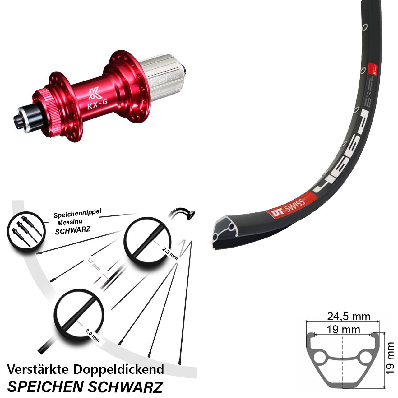 DT Swiss 466d KX-G rot 28 Zoll Disc Laufrad QR 8-12 fach