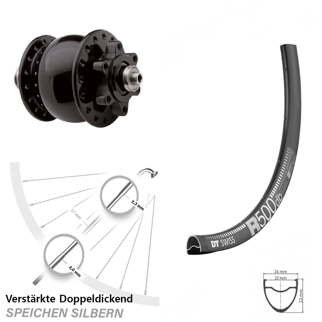 Nabendynamovorderrad 6-Loch 29 Zoll DT Swiss R 500 SON 28 für Schnellspanner