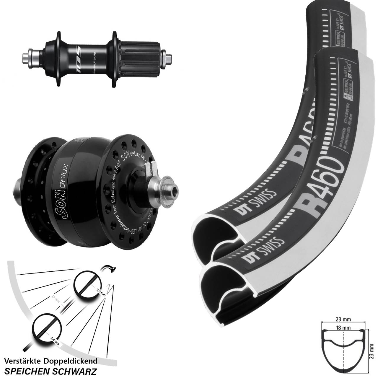 28 Zoll DT Swiss R 460 CNC Shimano 105 SON delux Laufradsatz für Schnellspanner 8-12 fach