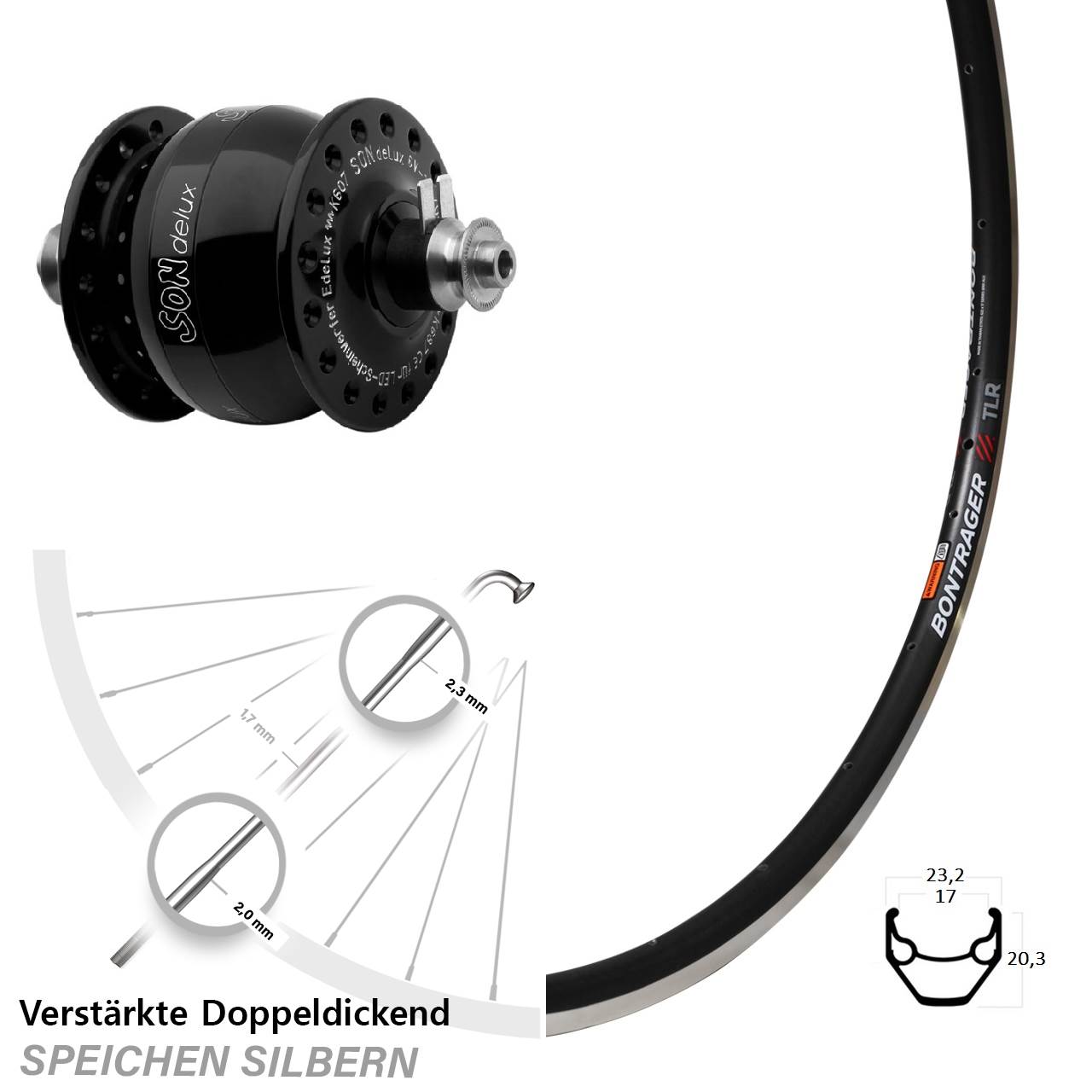 28 Zoll Bontrager TLR SON delux Vorderrad mit Nabendynamo QR