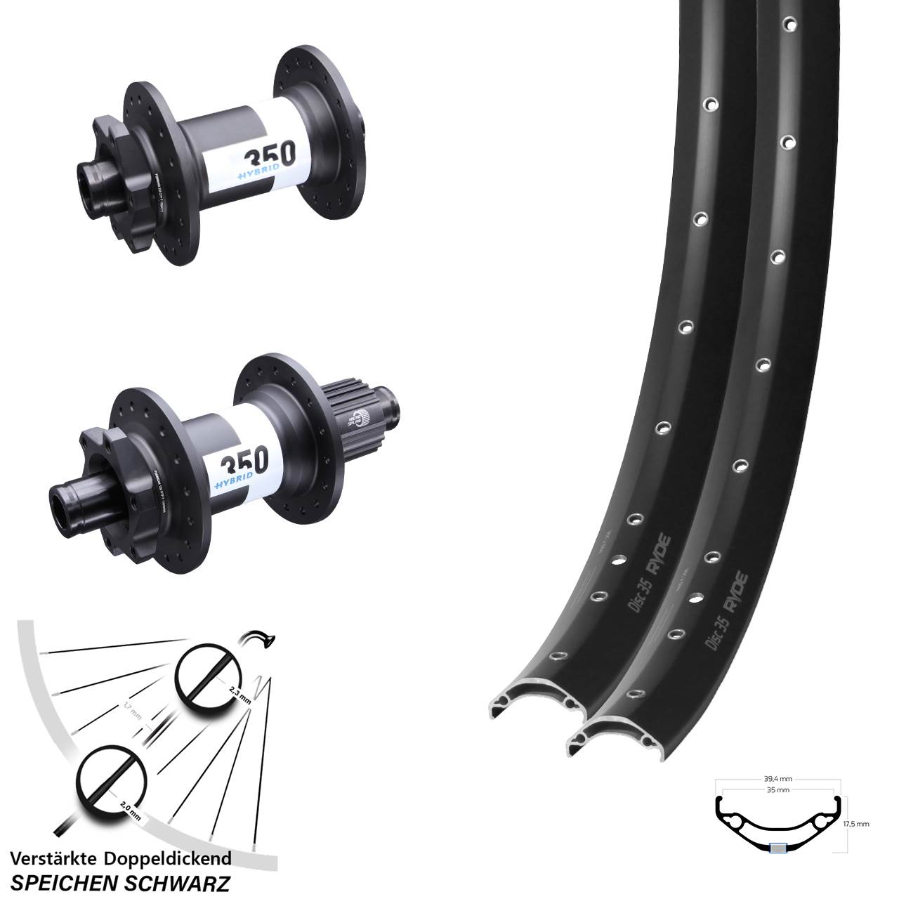 29 Zoll Ryde Disc 35 DT Swiss 350 Hybrid 6-Loch Laufradsatz 15x110 12x148 Micro Spline